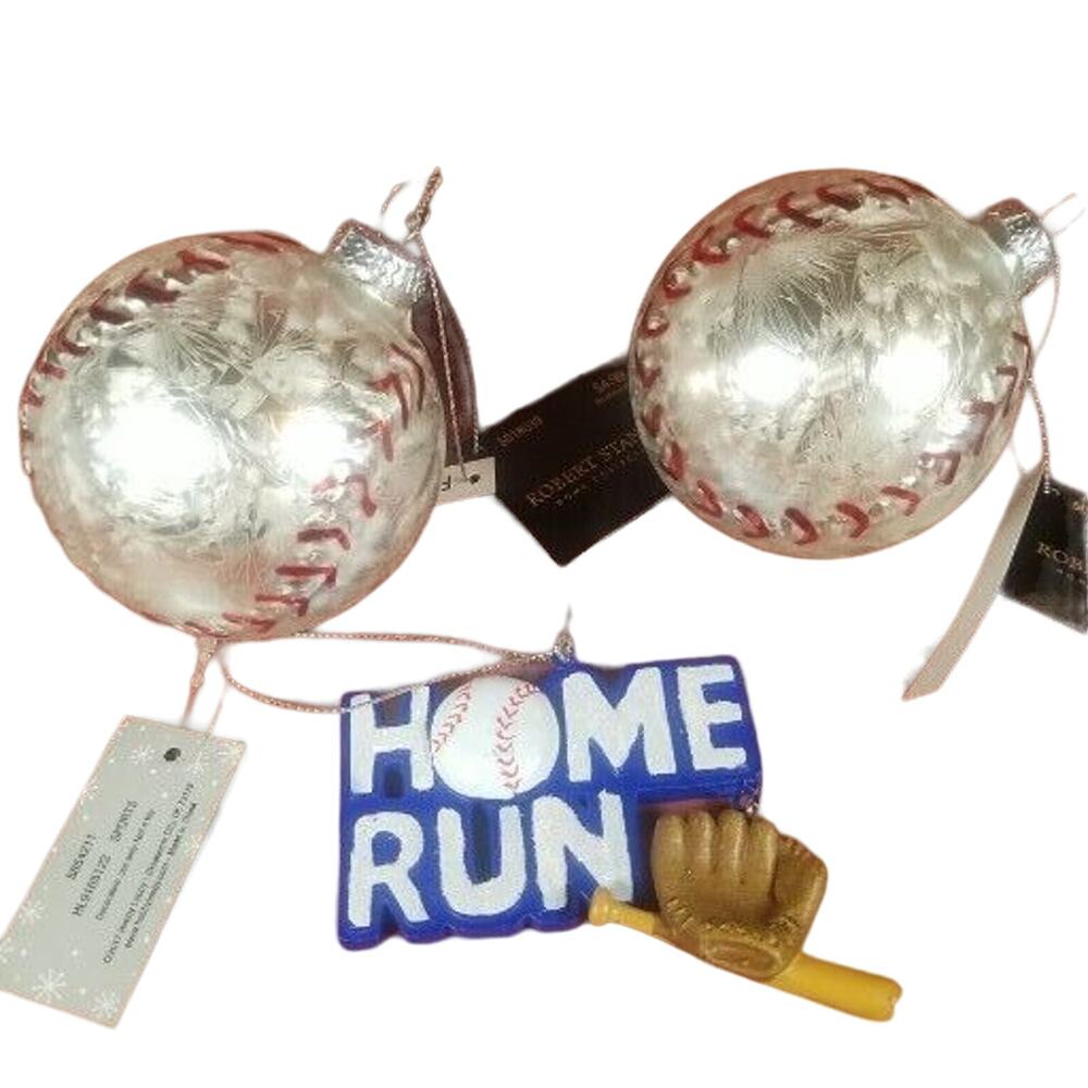 Glass Ornament Baseballs, Home Run Bat Glove Christmas Lot Of 3 Robert Stanley